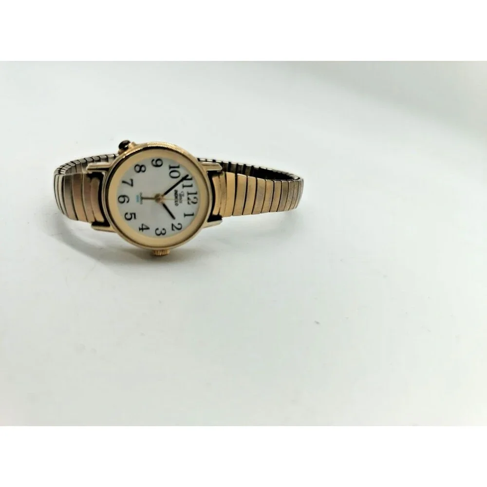 Timex Indiglo Women’s Gold Tone Stretch Band Watch White Dial Quartz Needs Batte